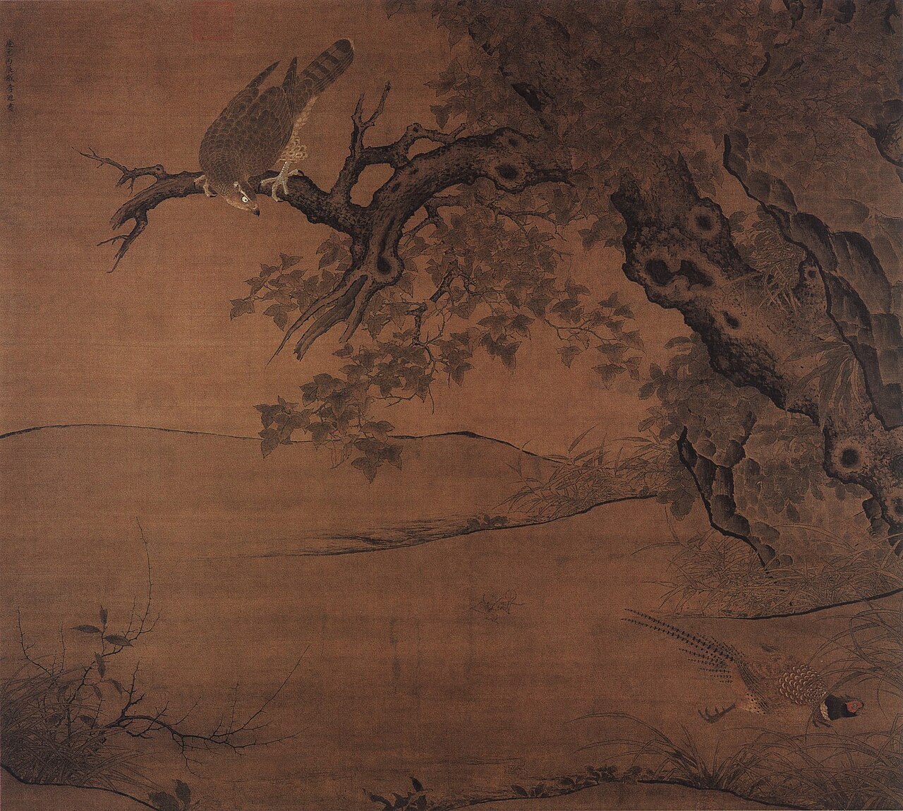 枫鹰雏鸡图轴